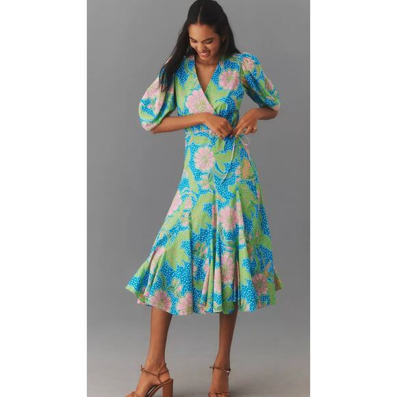 Rhode Cambric Fiona Faux Wrap Midi Dress Blue Psychedelic Flower Size Small New - Picture 1 of 9